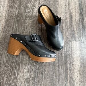 Black Leather Studded Clog Heels